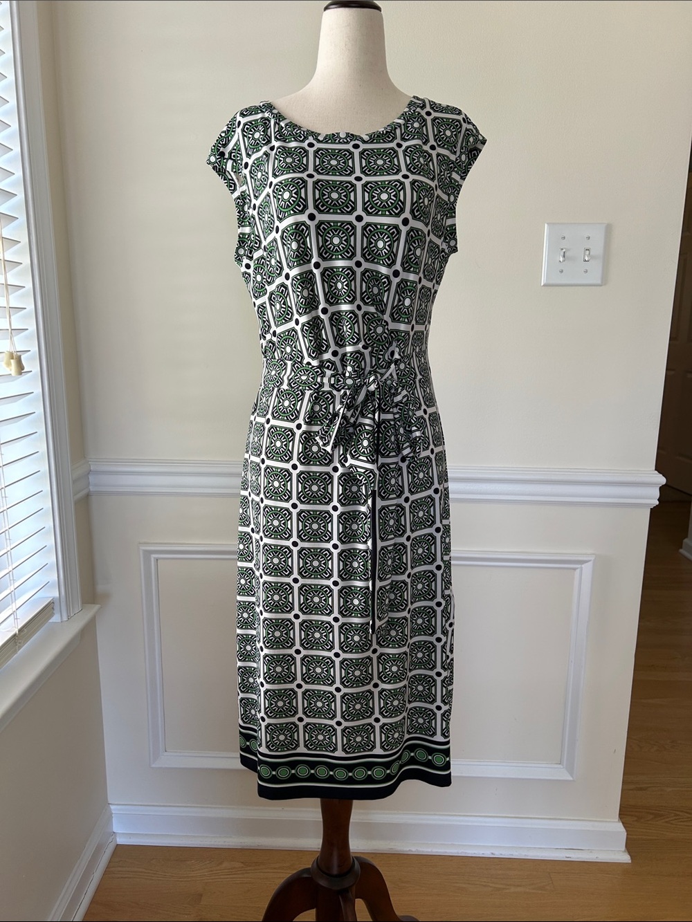 Brooks Brothers Green and White Geometric Tie-Waist Midi Dress